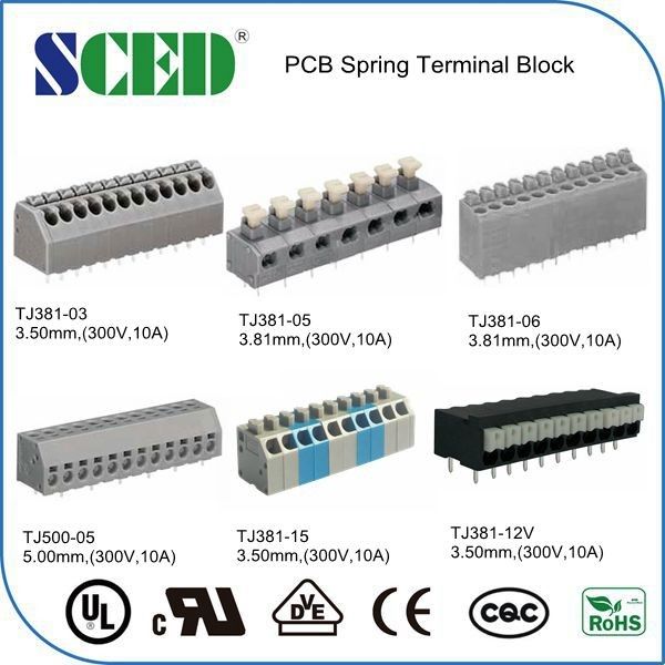 3.50mm PCBのばねのターミナル ブロックの灰色のプラスチック収容の黄銅Pin