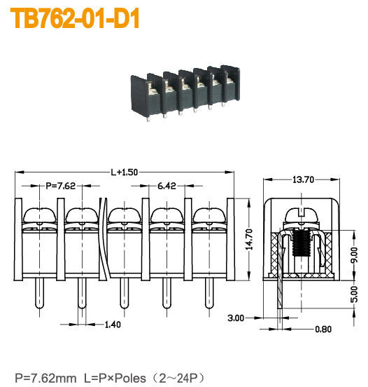 PBT の障壁のターミナル ブロック 7.62mm ピッチ 15A 2-24 ポーランド人真鍮 PCB ターミナル コネクター