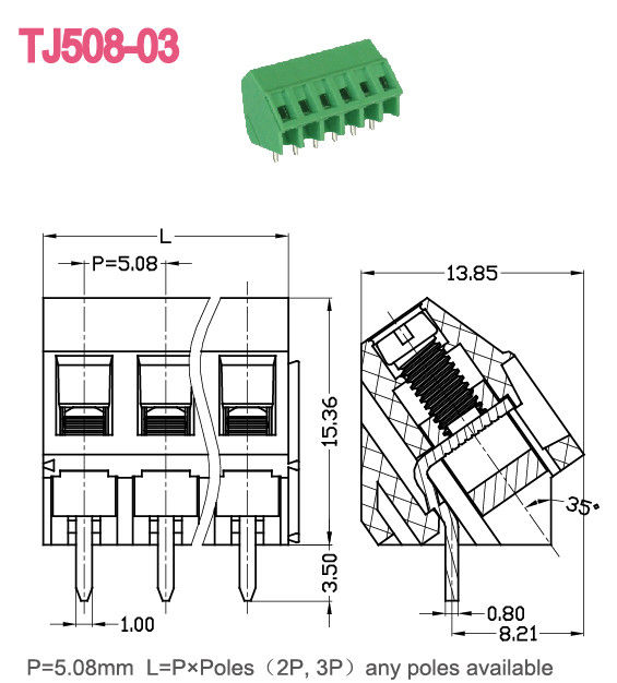 ニッケルによってめっきされる緑のねじ込み端子は黄銅 UL94 V - 0 を 10A 300V 妨げます