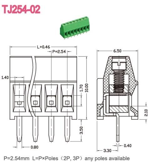 2.54mm PCB のターミナル ブロック真鍮の緑の直角ワイヤー入口