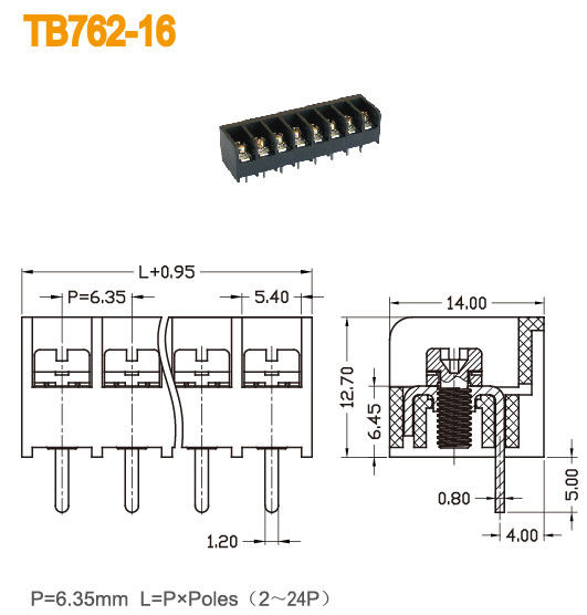 PBT の障壁のターミナル ブロック 6.35mm ピッチ 300V 15A の黄銅 UL94 V0