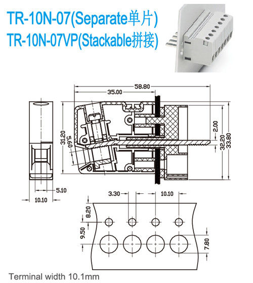 ターミナル ブロック UL94-V0 の黄銅 M4 PA66 10.1mm の末端の幅による 300V 65A の供給