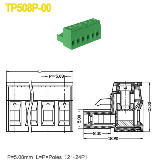 300V / 18A女性の部品の電気ターミナル ブロックM3ねじピッチ5.08mm