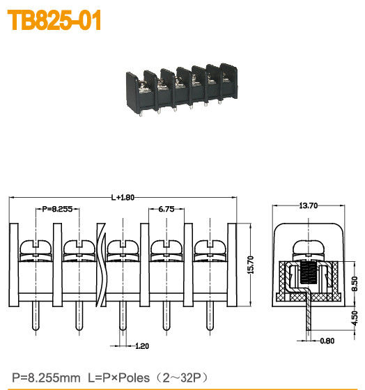 M3ねじ8.255mmピッチの障壁のターミナル ブロック2-32の棒PBTのプラスチック