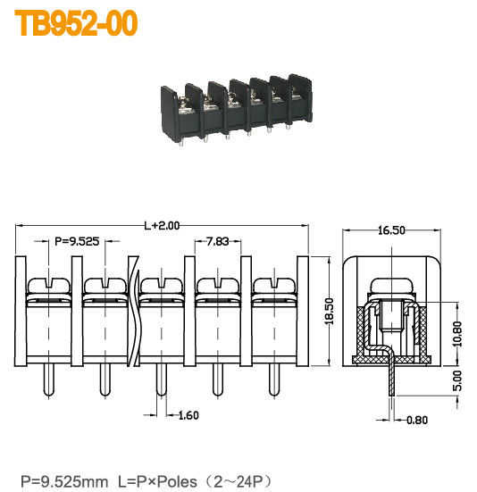 9.52mm の障壁のターミナル ブロック 300V 20A 2-24 ポーランド人直角ワイヤー入口の間隔をあけること
