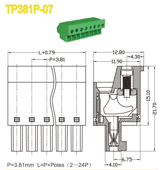 3.81mm ピッチプラグ ターミナルブロック 女性部品 300V 10A 緑色