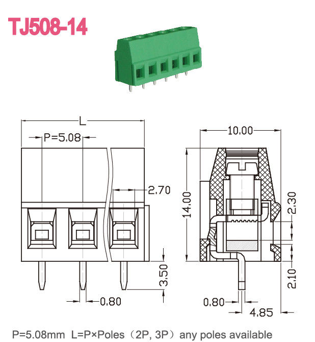 緑色5.08mmピッチPCBスクリュー ターミナル ブロック300V 10A M3 2-24ポーランド人