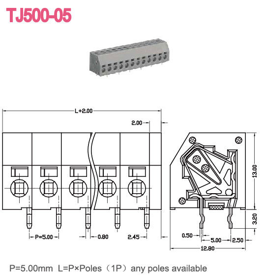 5.0mm のばねの Screwless のターミナル ブロック 300V 10A 2-24 ポーランド人 16-26 AWG を投げて下さい