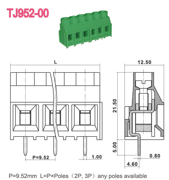 緑色M3ねじ9.52mm PCBのターミナル ブロック300V 30A 2-16ポーランド人