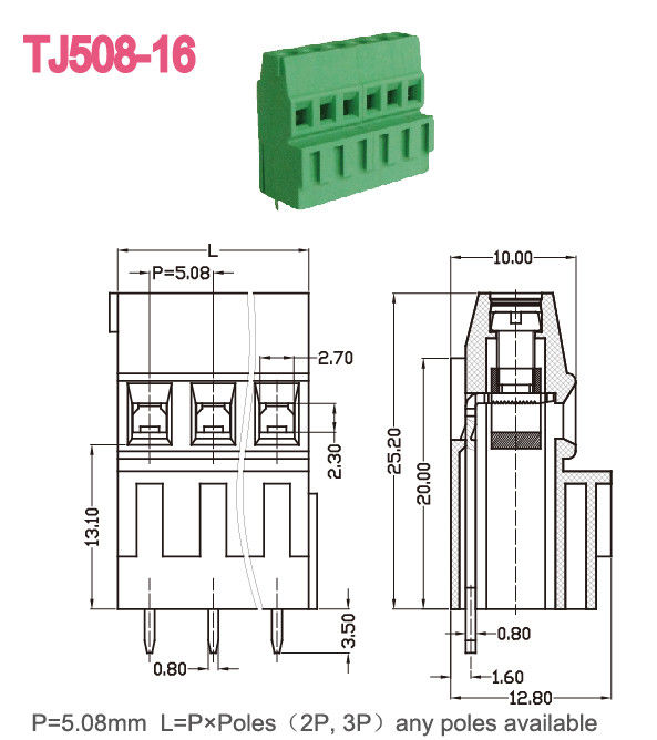 緑のターミナル ブロックのコネクター 300V/10A M3 ねじ 6-7mm 除去の長さ 12-26AWG