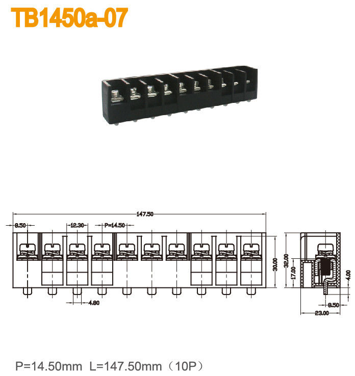 14.50mm ピッチの障壁のターミナル ブロック 10 のポーランド人 600V 57A 力のターミナル ブロックは黒くします