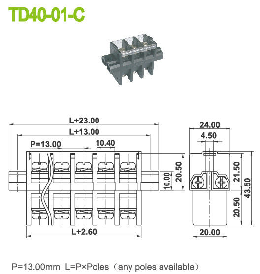 40Aパネルの台紙力のターミナル ブロックのコネクターのパーホレーション ピッチ13mm M5ねじ