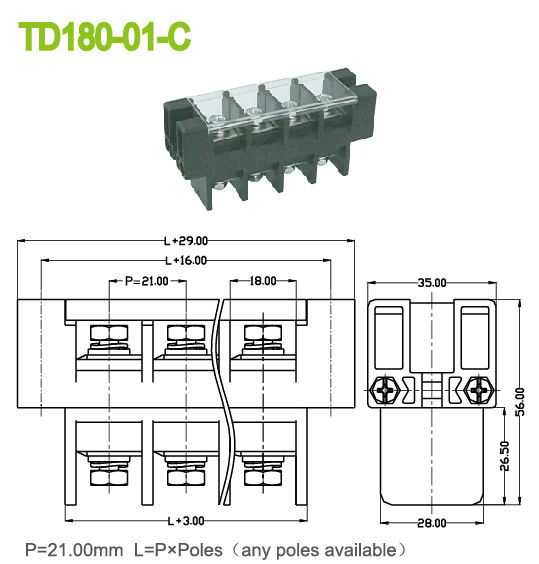 21mm ミシン目 180A パネル マウント フィード スルー ターミナル ブロック プラスチック カバー付き
