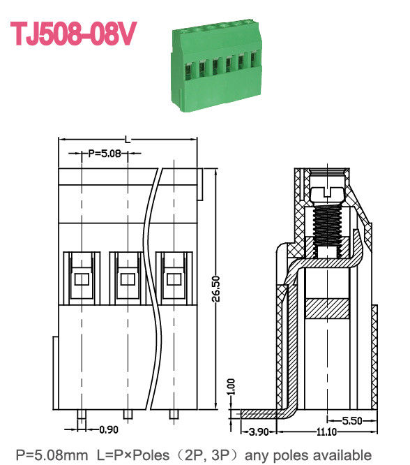 300V 15A グリーン 5.08mm ピッチブラス ユーロタイプ PCB スクリュー・ターミナル・ブロック
