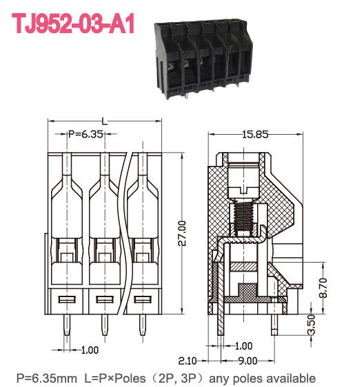 黒いPCBのねじ込み端子のブロック6.35mmピッチ30A UL94-V0 30A 10-22 AWG