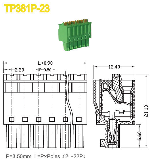 緑の間隔3.5mmのプラグイン可能なターミナル ブロックの女性2-22の位置300V 8A UL94-V0