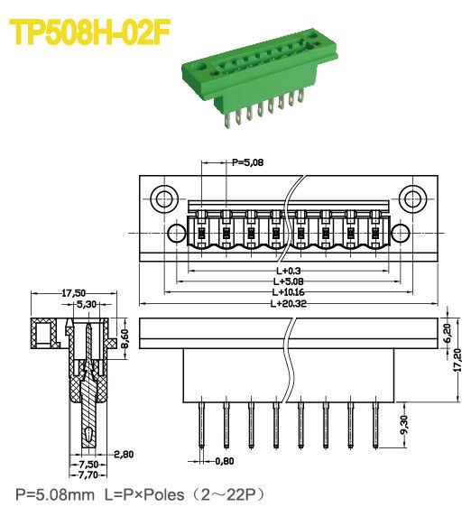 緑の男性ヘッダーはフランジ5.08mmの18Aソケットが付いているターミナル ブロックのPA66 2-22ポーランド人プラグを差し込みます