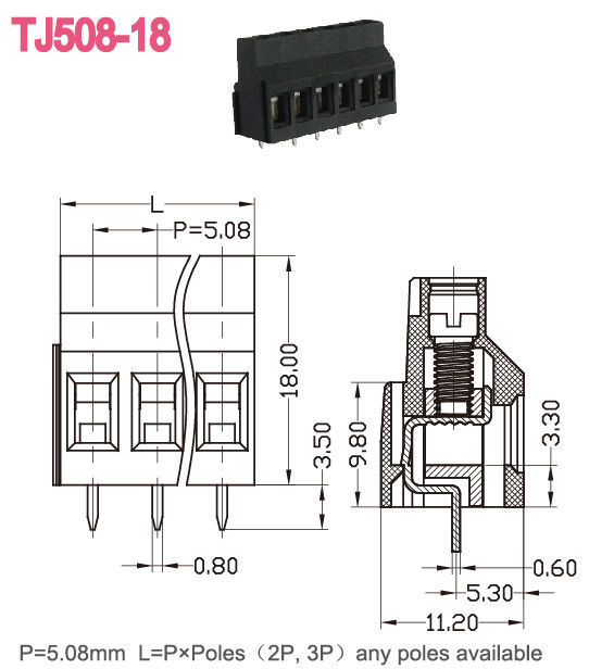タイプ シリーズ300V 10A 12-24 AWGを上げる黒いPCBのねじ込み端子のブロックの真鍮のユーロ