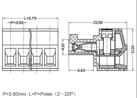 女性 プラグイン可能な端末ブロック 3.5mm ピッチ 300V 8A 2-22 ポール PA66 M2 スクリュー グリーン