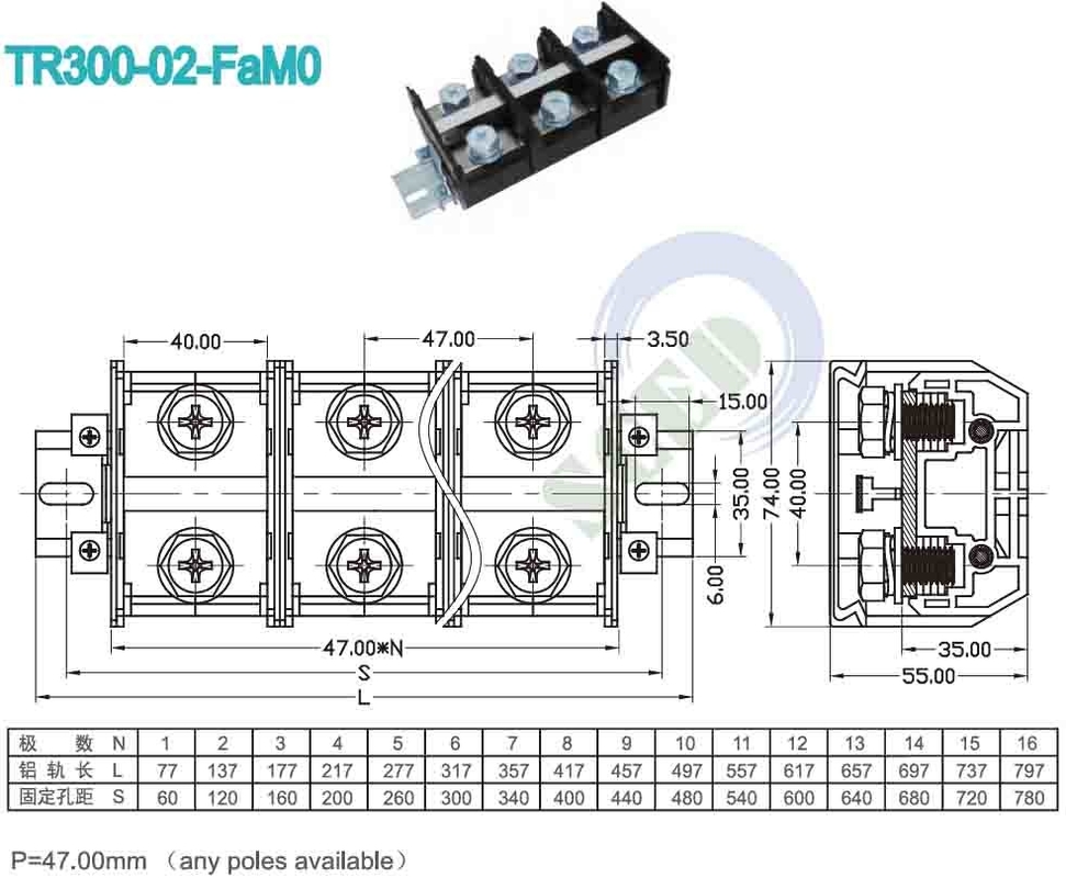 PCBパネルマウントターミナルブロック 47.00mm 600V 300A PCブラックスクリューターミナルコネクター