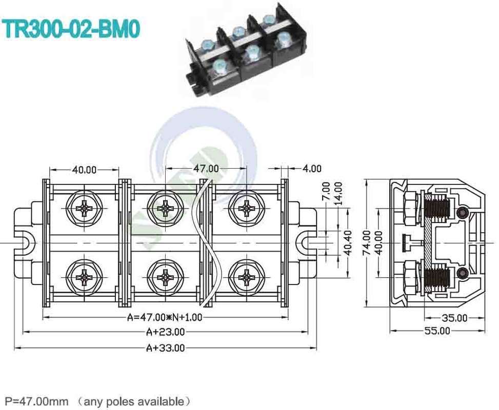 300A 鉄道ターミナルブロック 47.0mm 600V 黒色PC素材 スクリューマウントコネクタ