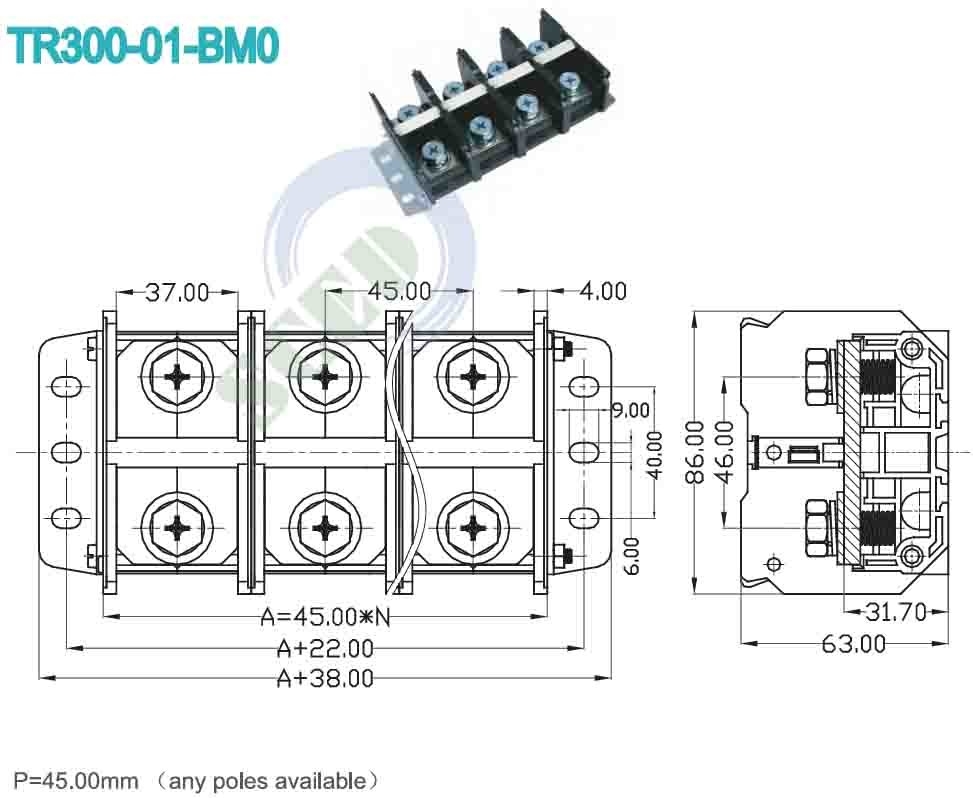 600V 300A 高電流端末ブロック 重電圧 45.00mm 電動端末接続器