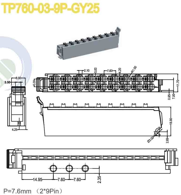 女性用プラグイン可能な端末ブロックコネクタ 7.6mm ピッチ 150V 8A 2*9 ポール PA66