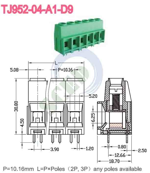 10.16mm 57A PCB端末ブロック 緑の銅 PA66 ニッケル付