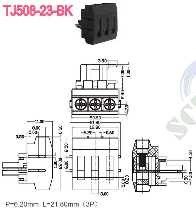 300V 10A M3 スクリュー・ターミナル・ブロック・コネクタ 12 24 AWG PBT 6.2mm スペーシング・ブラス