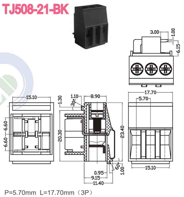 PA66 5.7mm ブラス 300V 10A M3 スクロールターミナルブロックコネクタ 10 - 22 AWG