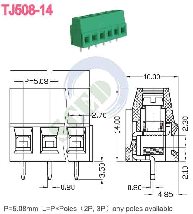 緑色 5.08mm 300V 10A PA66 PCB端末ブロック 自動制御のためのユーロタイプ