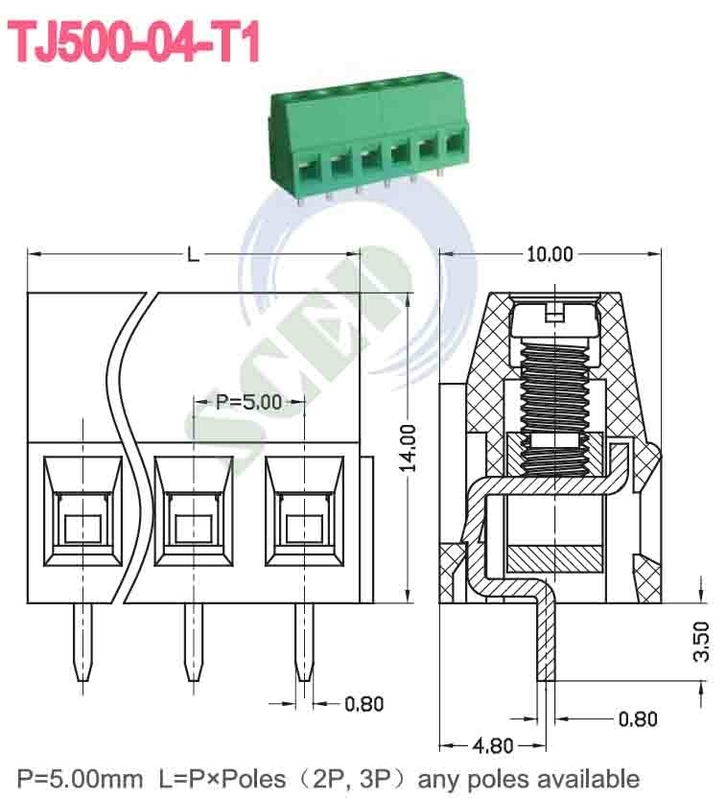 300V 10A M3 スクロール 12-26 AWG ターミナルブロックコネクタ PA66 隔熱材料 緑色 5.08mm 距離