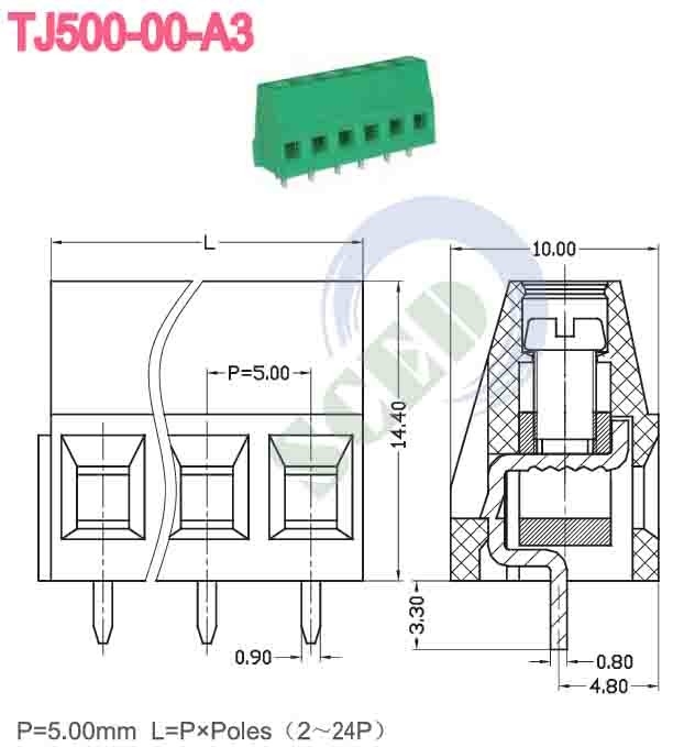 ピッチ 5.00mm 300v PCB端末ブロック 10A 2P-24P 直角線入口 12-26 AWG