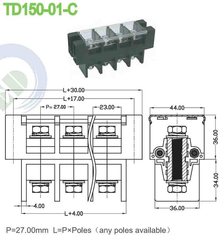 150A PBT パワー・ターミナル・ブロック・コネクタ 孔穴ピッチ 27.0mm M8 スクロール