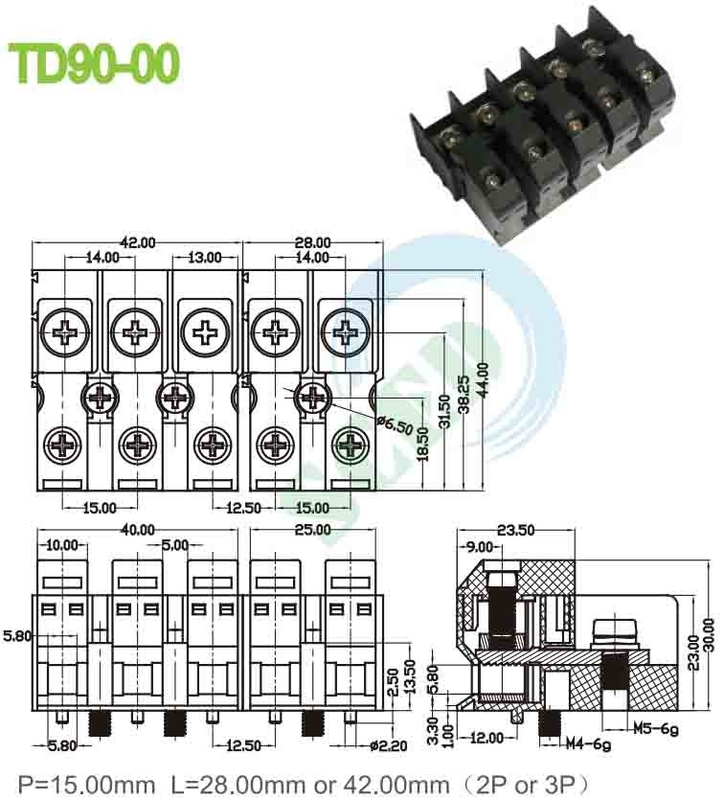 90A 600V PA66 M5 パフォーレーション・ターミナル・ブロック 15.00mm 4-20 AWG