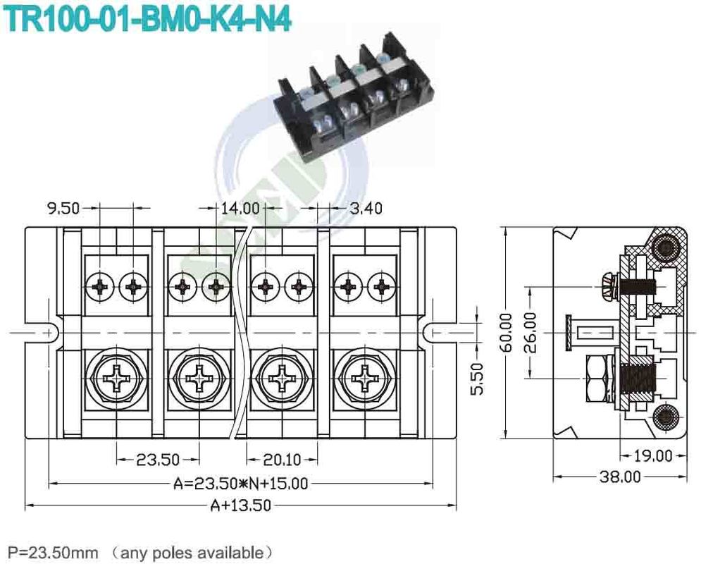 600V Rated Voltage Through Panel Terminal Blocks with 26mm Stripping Length and Tin Plating