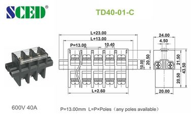 PBT のねじ込み端子のブロックのコネクター 600V 40A 13.00mm を通した供給